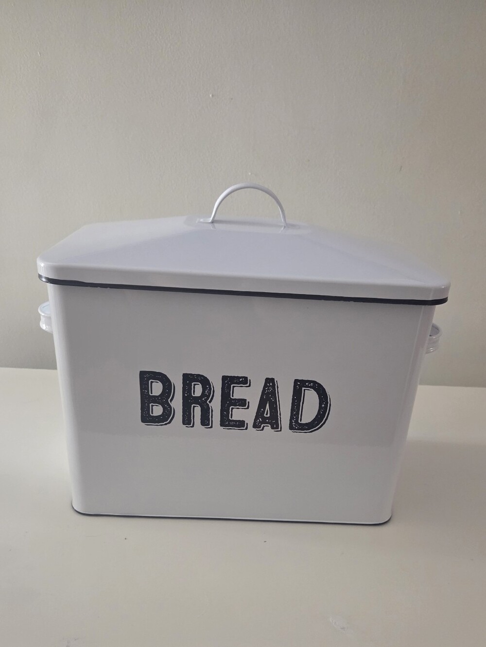 White Metal Bread Bin Box, Rectangular Solid, Lid w/ Handle